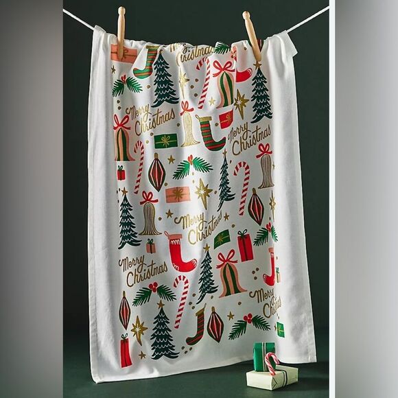 Anthropologie Rifle Paper Co. Merry Christmas Dish Towel NWOT - Picture 1 of 7